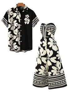Couple Hawaiian Vacation Outfit Tribal Hibiscus Floral Print Bow Tie Off Shoulder Jumpsuit and Shirt Set