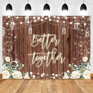 Rustic Floral Wedding Backdrop Wooden White Flower Style Polyester Fabric Photography Background Wrinkle Resistant HD Print Engagement Party Decor Photo Booth