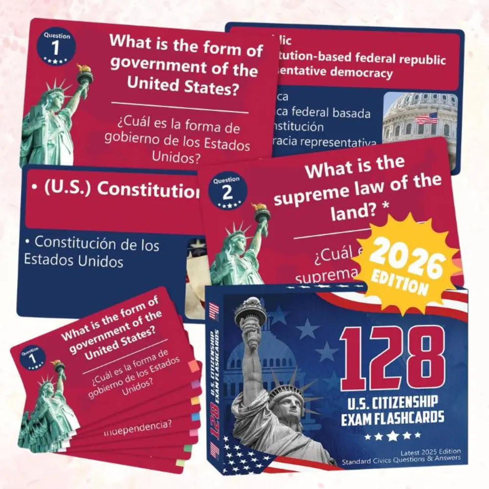 2026 Edition | 128 U.S. Citizenship Exam Flashcards, English & Spanish Civics Test Study Cards With Questions, Answers & Visual Explanations, USCIS Naturalization Test Prep For Adults