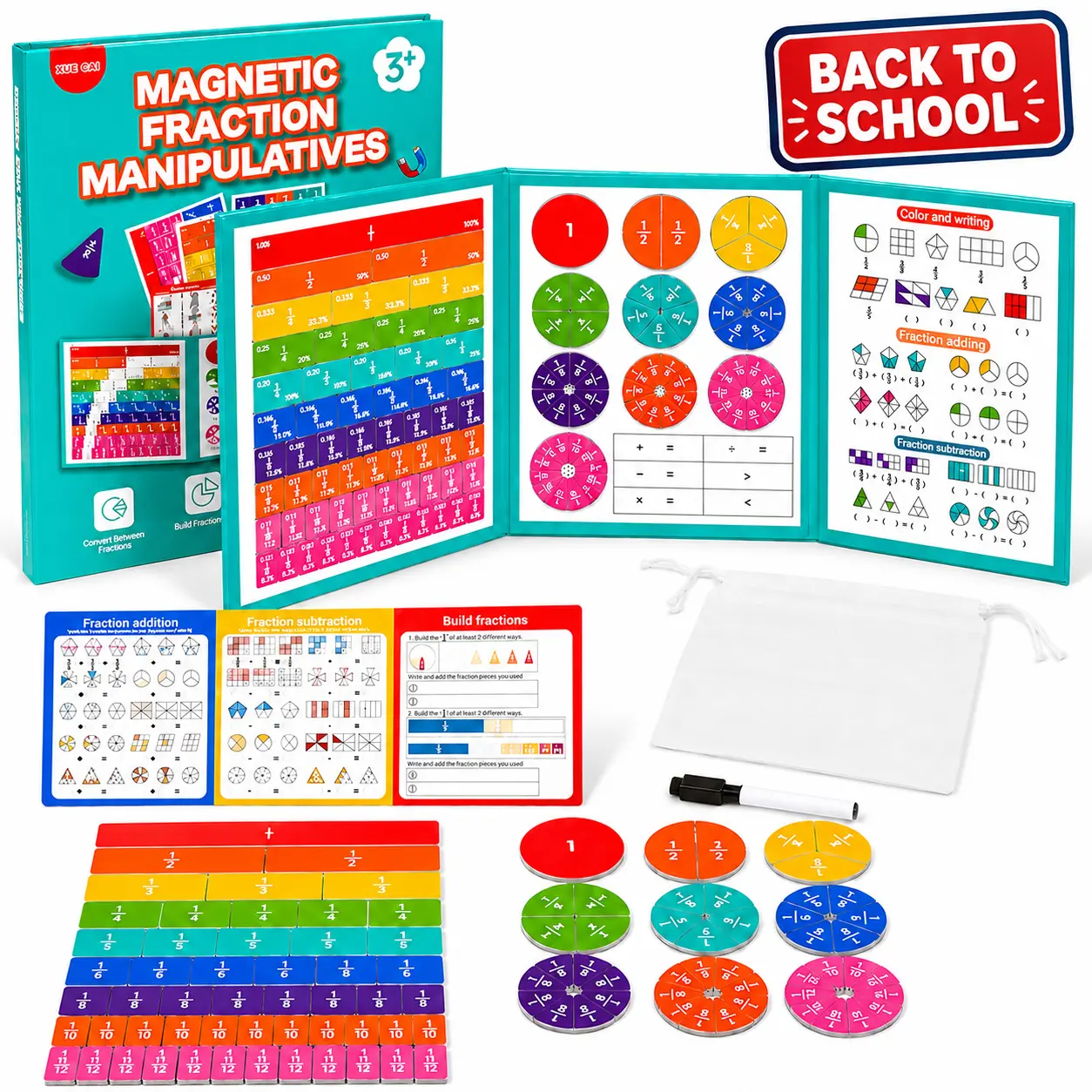 Magnetic Fraction Tri-Fold Board Book (Deluxe Set) | Hands-On Visual Math Puzzle with Dry-Erase Cards | Teacher-Approved, Portable Manipulative for Stress-Free Fraction Learning | Ages 3+