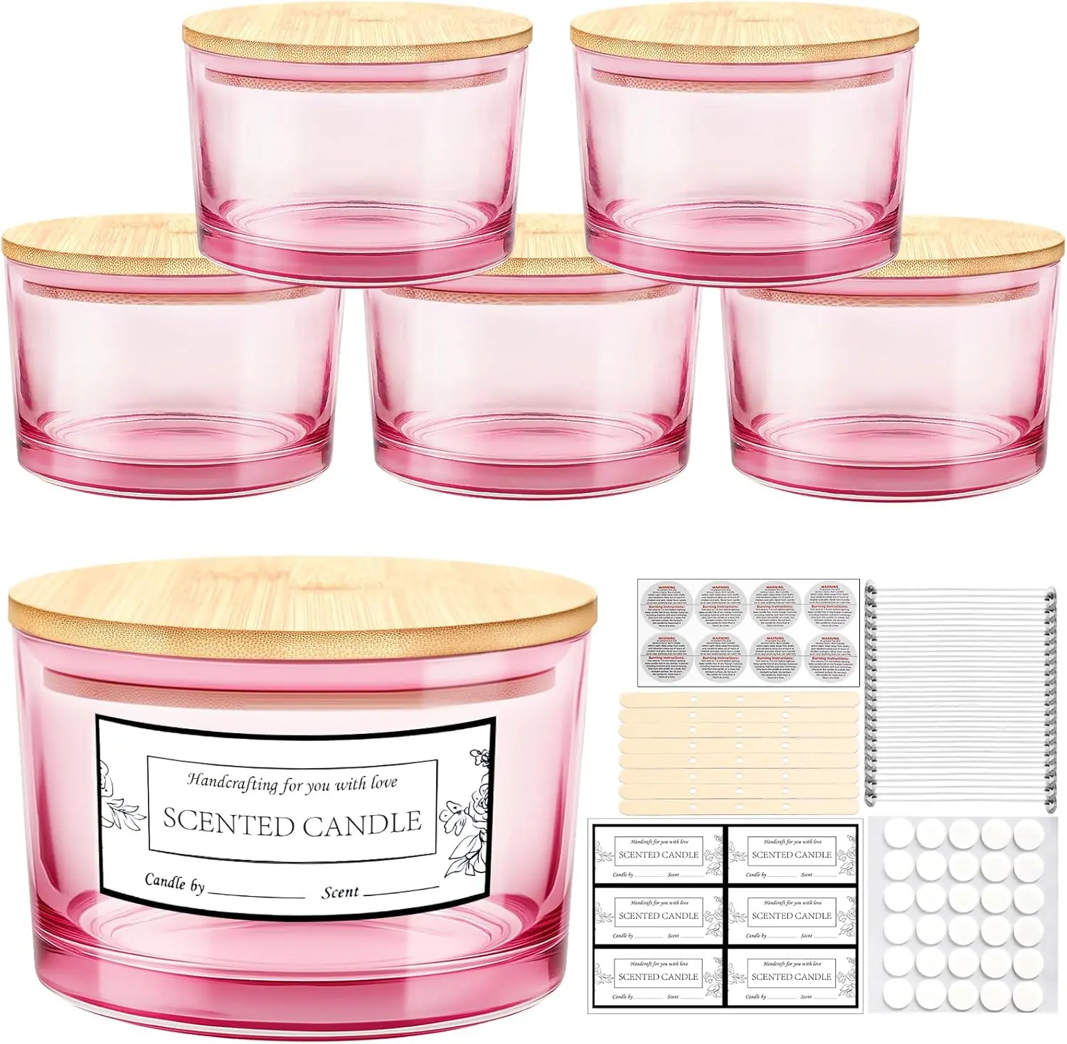 24oz  Thick Glass Candle Jars 6 Pack, Multi-Wick Wide Mouth Empty Bulk Candle Containers for Making Candles with Airtight  , Sticky  Labels, Wick kit- Dishwasher Safe