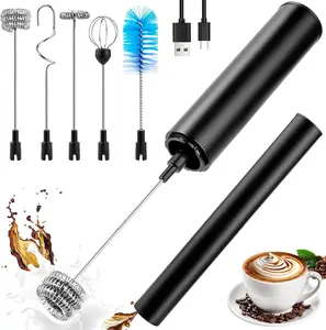 Milk Frother Wand for Coffee, Coffee Foamer Drink Mixer,Handheld Frother Rechargeable Electric Whisk with 5 Heads 2 Speeds for Latte, Cappuccino, Hot , Egg(Home and Travel Set Black)
