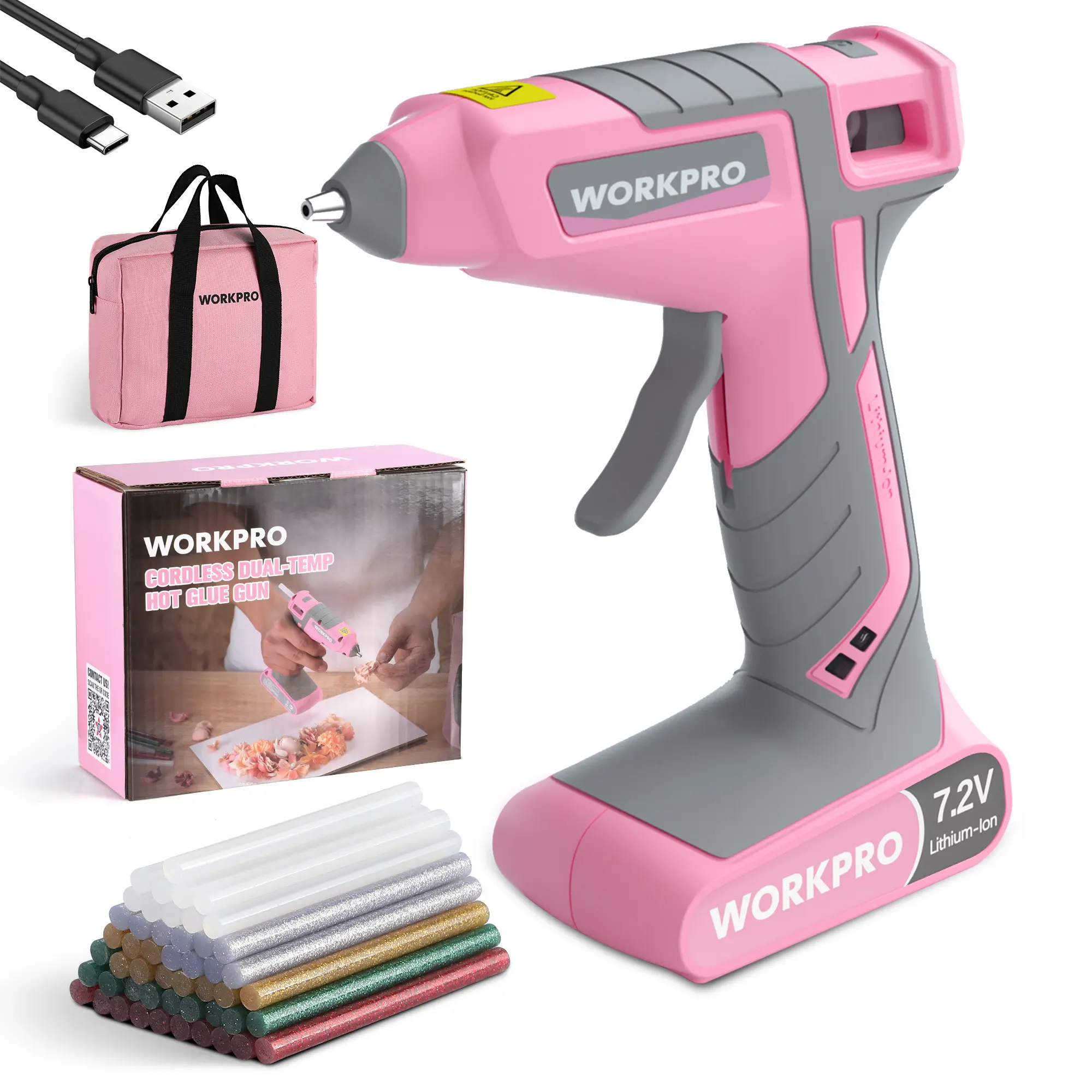 #Summersales WORKPRO Cordless Hot Glue Gun, 30s Fast Preheating, 7.2V Dual-Temp Glue Gun Kit with 50 packs Glue Gun Sticks, Storage Bag, USB-C Charging Cord, 2600mAh Battery for DIY and Crafting
