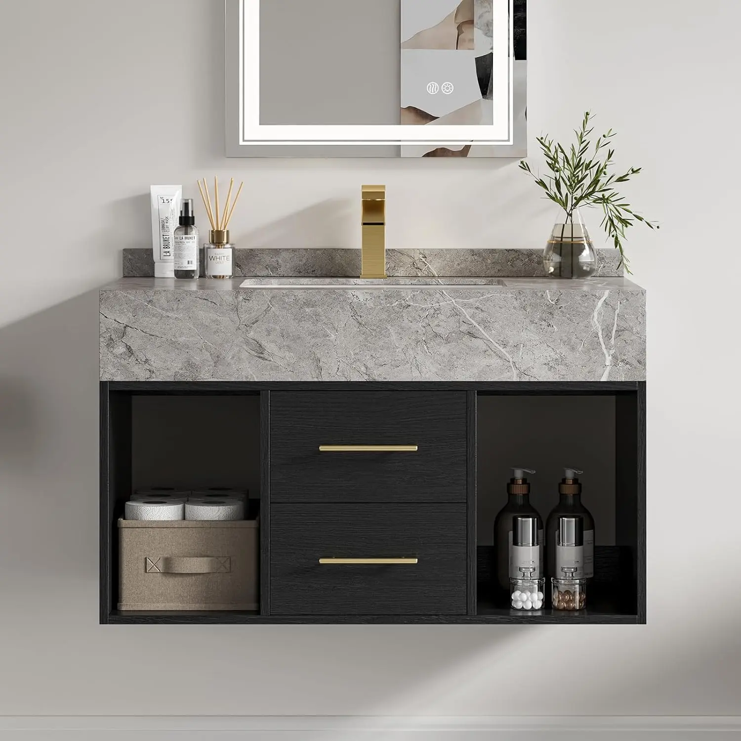 Homary 35.4" Black Floating Wall Bathroom Vanity with Sink - Modern Mid-Size Non-Locking Drawer Unit, Sintered Stone Countertop, Undermount Sink, 2 Open Storage Shelves, Black Furniture