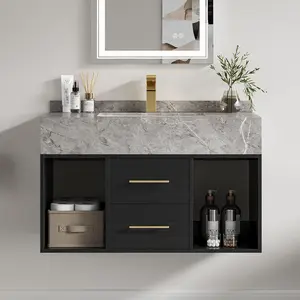 Homary 35.4" Black Floating Bathroom Vanity with Sink - Modern Wall-Mounted Cabinet, Sintered Stone Countertop, Undermount Sink, 2 Open Storage Shelves, Black Furniture
