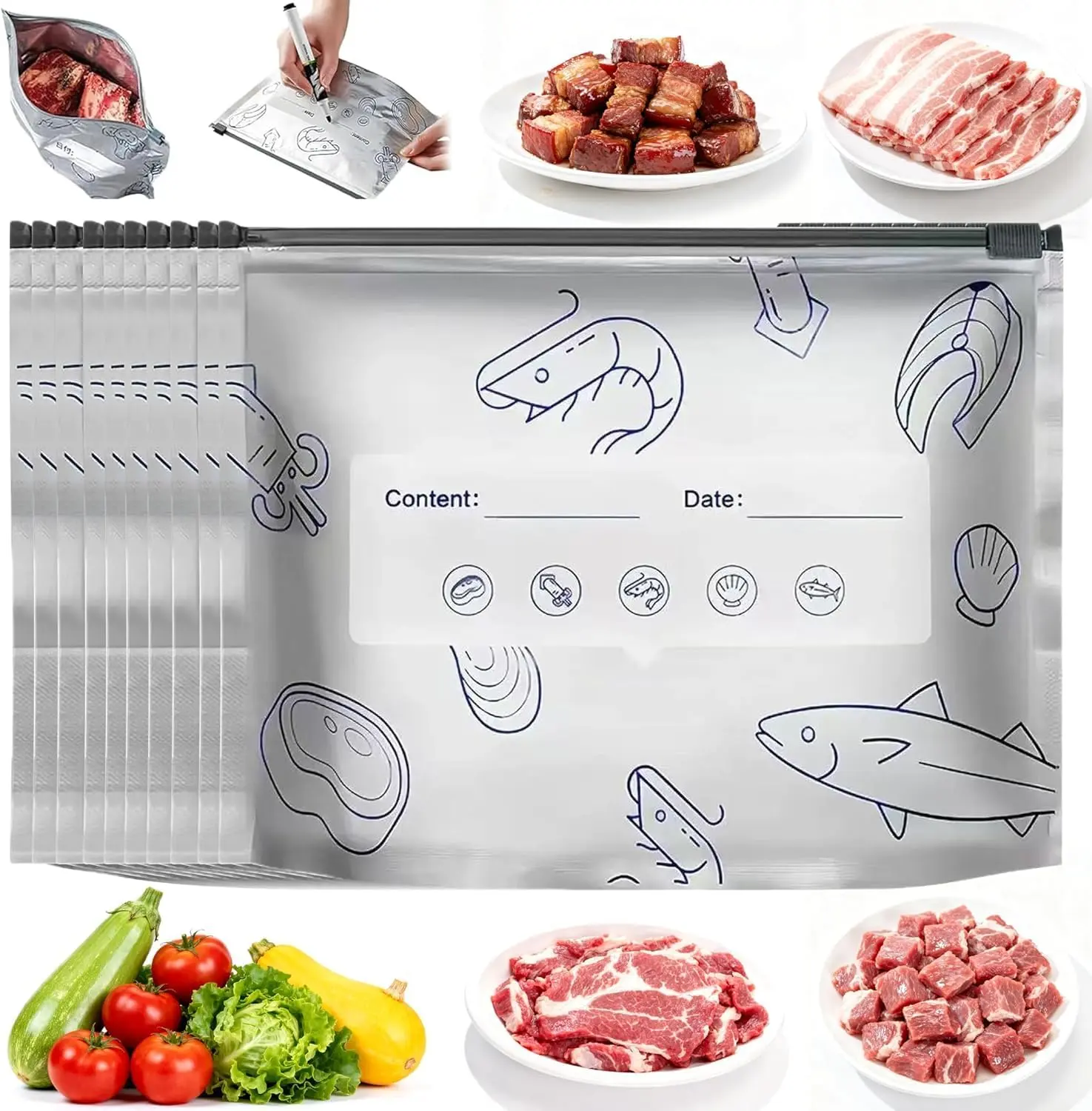 Reusable Ziplock Food Storage Bags 30 Pack (10 S/10 M/10 L), Transparent Airtight Freezer Safe Reusable Food Bags with Writable Label, Multi Use Seafood Fruit Storage Zipper Bags