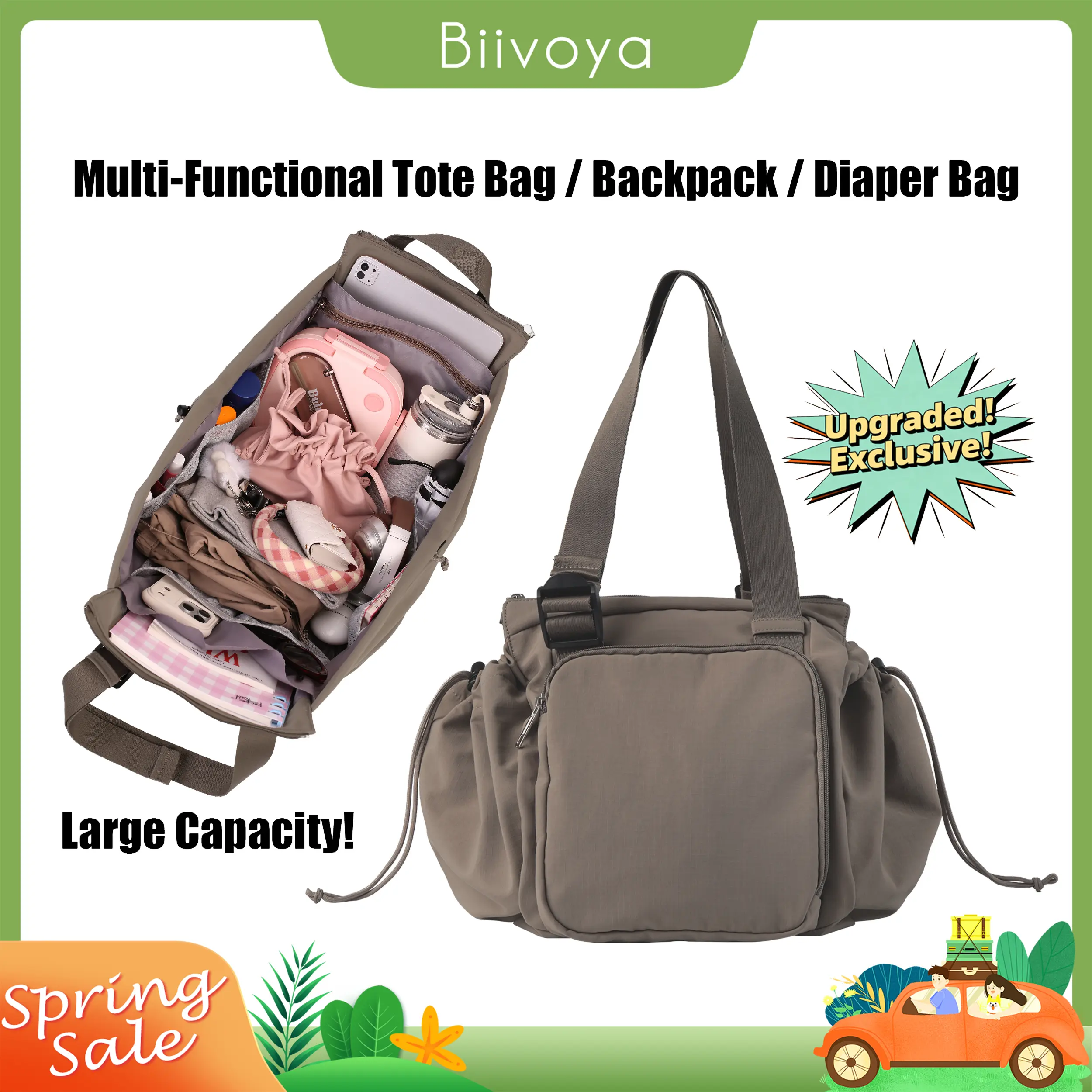 BIIVOYA Large Expandable Tote Bag for Women, Nurse Work Tote with Multi Pockets, Water-Resistant Travel Bag, Diaper Bag for Moms, Weekend Carryall, Summervibes
