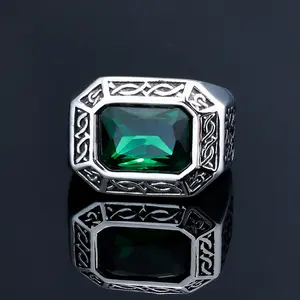 Retro Unisex Hypoallergenic Stainless Steel Ring - Square Crystal, Engraved Viking Cross, Anti-Rust, American Style Alternative Artistic Jewelry, Ring Stack, Party Wear
