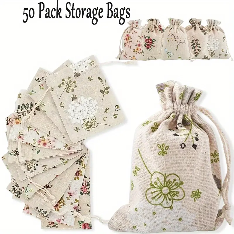 14 cm Long x 10 cm Wide Rustic Cotton Burlap Drawstring Bags (50pcs) - Customizable Fabric Pouches for Specialty Kitchen Utensils, Party Favor Bags, Festival Gifts, Small Valuables Protection, Add Charms