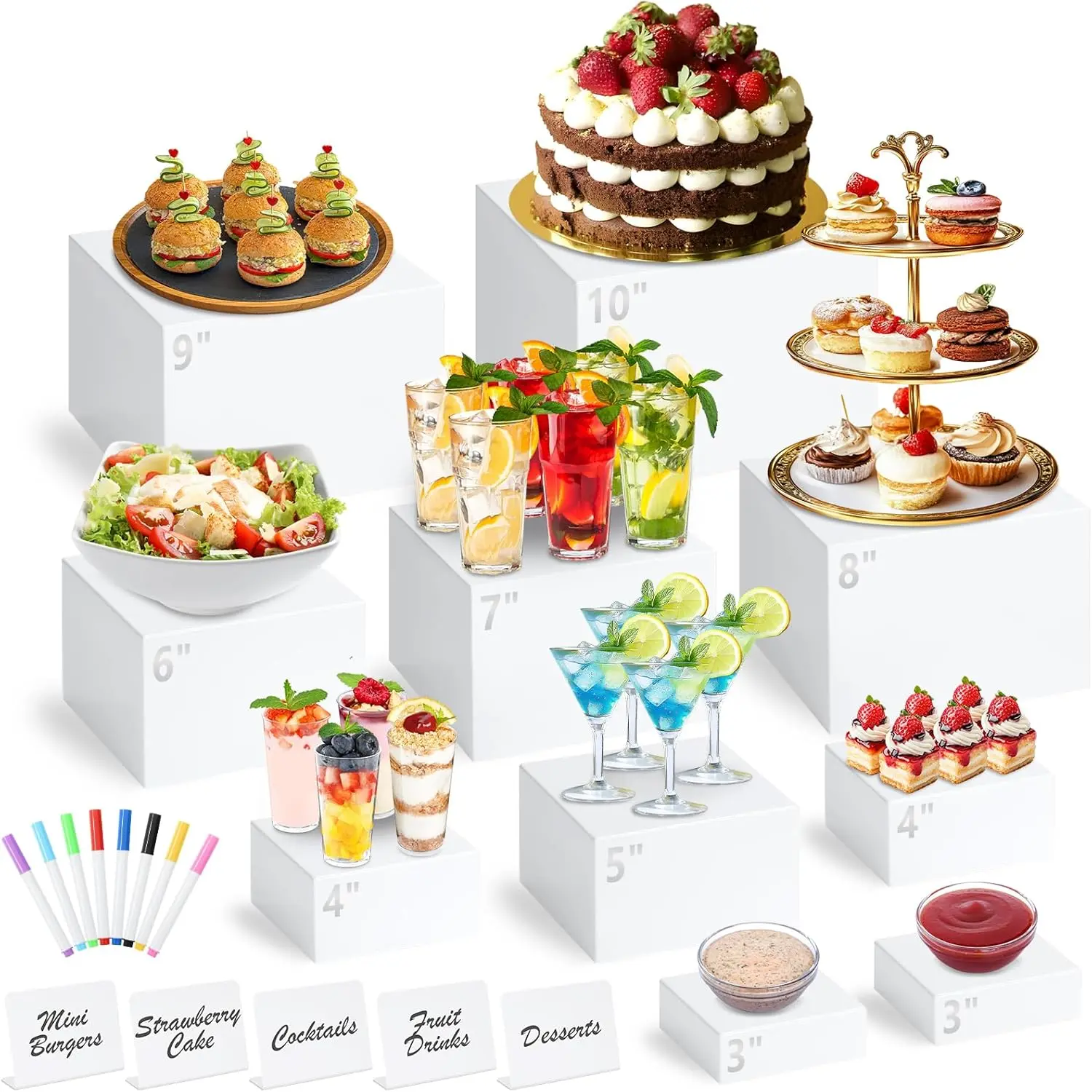 White Square Acrylic Nesting Cube Buffet Risers Set (10/6Pcs, 4-8in 5 Sizes Including 4in) - Durable Hollow-Bottom Modern Decor Display Stands, Party Cake/Dessert Stands, Cake Decoration Supplies, Bonus Mini Signs & Markers