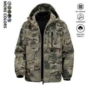Men's camouflage print zipper drawstring hooded jacket, regular fit casual long sleeve pocket outdoor coat, men's pocket zipper drawstring hooded jacket, regular fit zipper jacket, suitable for spring and autumn fashion, outdoor men's clothing, men's top