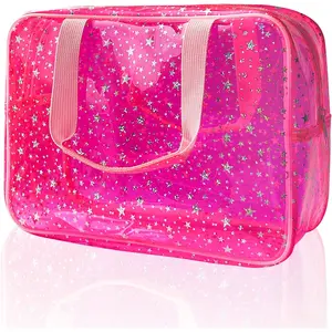 Hot Pink Star Large Cosmetic Bag 12x5x8 inch Travel Pouch with Handle,Durable PVC Material,Zipper Design-Ideal for Makeup,Travel Essentials