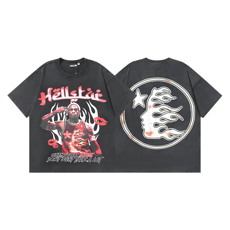 HELLSTAR Certified Professional Y2K Premium Quality Retro Basketball Flame Washed Short Sleeve T-Shirt Casual Tops Mens Standard Fit