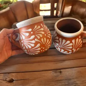 Set of 2 Terracotta Mugs with White Design - Handcrafted Mexican Pottery - Perfect for Coffee, Tea, or Hot Chocolate