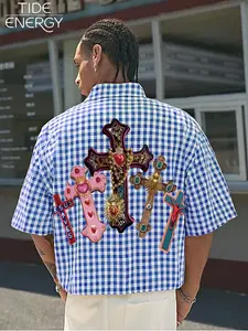 Men's Plaid Religious Style Shirt, Breathable Jesus Saves Cross Print Short Sleeve Top, Casual Fitted Graphic Tee for Daily Wear