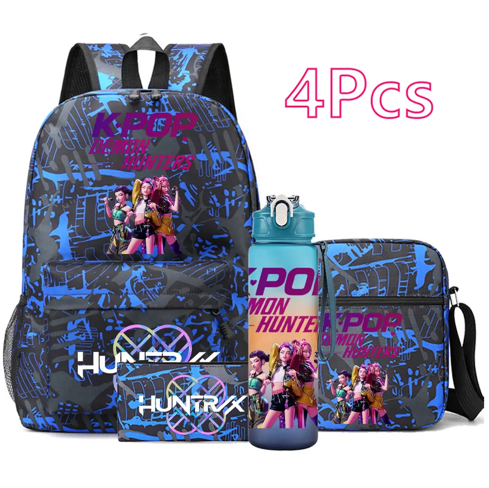 K-Pop Demon Hunters School Backpack Set, 4-Piece Bundle with Bookbag, Lunch Bag, Pencil Case & Water Bottle, Blue Cyber Aesthetic Student Book Bag
