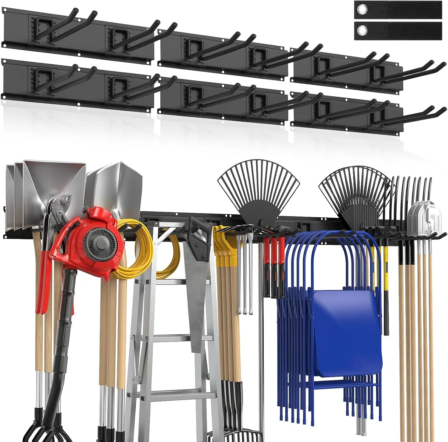 Heavy Duty Steel Garage Wall Organizer Set - 96 in, 20-Pack, 720 lbs Capacity, 6 Rails with 12 Adjustable Metal Hooks, Waterproof Outdoor Installation for Rake, Broom, Mop, Snowboard Aluminium Hanger
