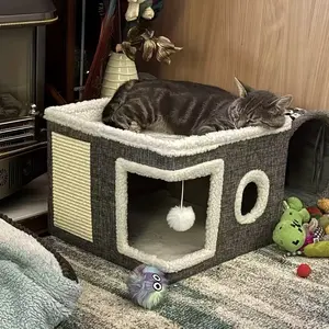 Luxury Multi-Layer Cat Bed House with Dual Beds, Toy Tunnel, Foldable Scratching Post, Plush Hanging Ball, Nylon Frame, Canvas Structure, 16.5x16.5x13 Inches