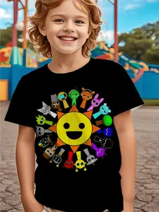 Boys' "SPRUNKI" Cartoon Characters 3D Print T-Shirt - Casual Crew Neck, Regular Fit, Slight Stretch Knit Cotton Fabric, Quick Dry Summer Tee for Weekend Casual Wear
