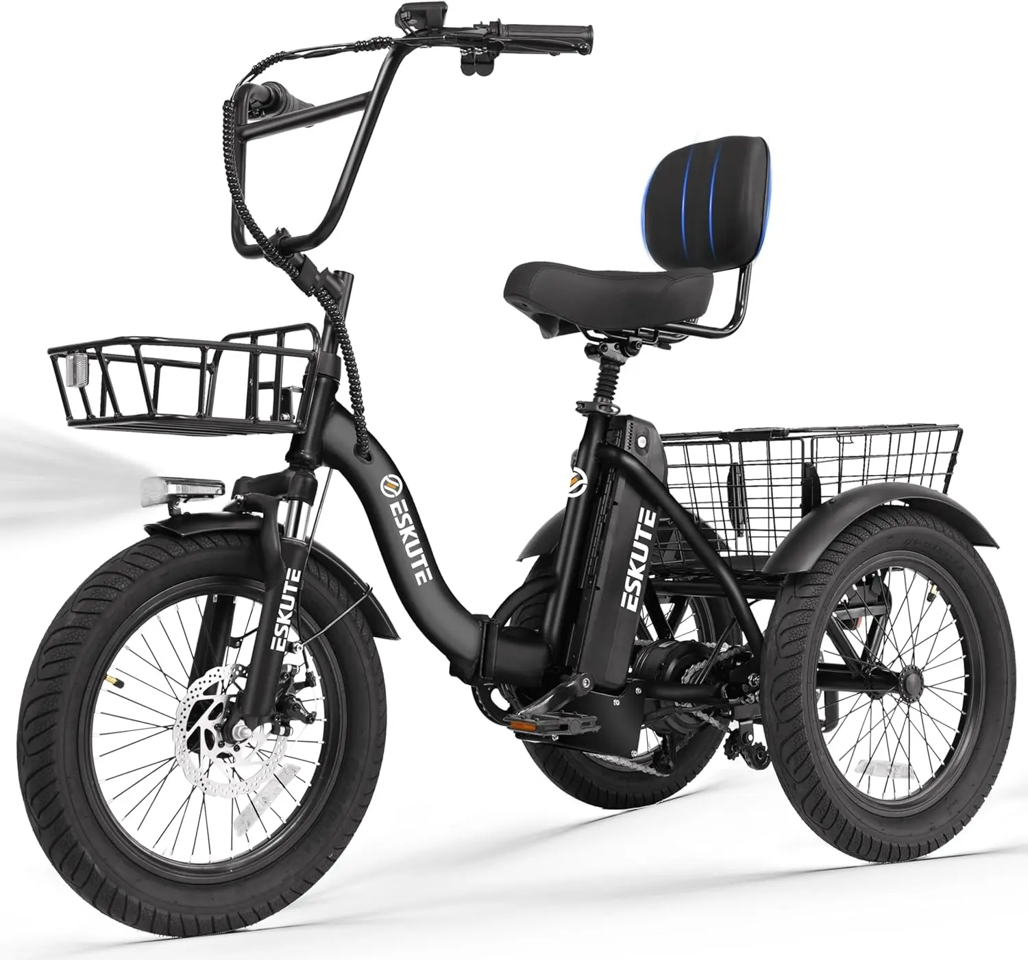 ESKUTE Foldable Electric Tricycle for Adults 1200W Fat Tire 3 Wheel Ebike 48V 55 Miles Range with Large Basket 18" x 3" Fat Tire Cargo Tricycle trike  adult