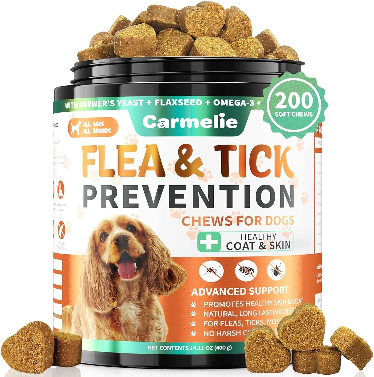Carmelie Dog Flea & Tick Care Chews – 200 Soft Chicken Bites for Daily Use, Natural Formula with Skin & Coat Support, Oral Supplement for Dogs & Puppies