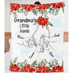 Grandma's Little Hands Personalized Names Blanket for Mother's Day Custom Throw Blanket with Poinsettia Design