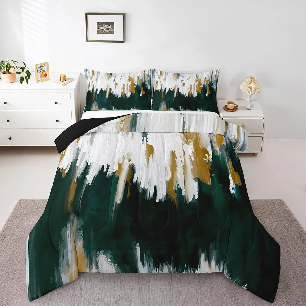 Feelyou Emerald Green Microfiber Bedding Set - Watercolor Graffiti, Striped Oil Painting Designs, Aesthetic Modern Comfy Duvet Cover, Bedroom Comforter Set, Bedroom Bedding Set