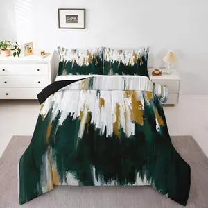 Emerald Green Comforter Set,Watercolor Graffiti Bedding Set,Striped Oil Painting Bedding Comforter Sets,Aesthetic Modern Duvet