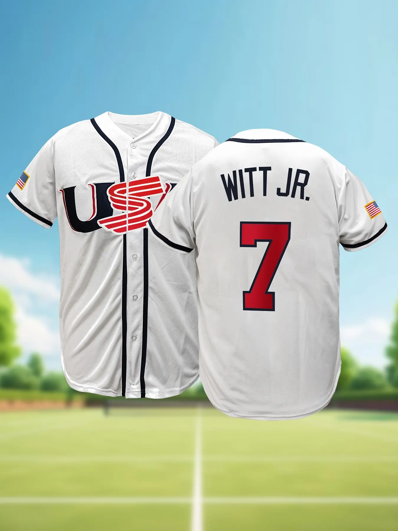 #7 White USA Embroidered Baseball Jersey | Men's Stitched Athletic Fan Shirt | Moisture-Wicking Short Sleeve Sports Top Sporty Sports Top for Baseball Enthusiasts Workout Top Athletic Tops Embroidery Sportswear