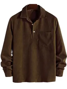 ZAFUL Men's Corduroy Shirts Solid Color Fall Half Button Long Sleeves Polo Shirt Casual Work Collared Shirt with Casual Outdoor Shirt