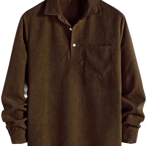 ZAFUL Men's Corduroy Shirts Solid Color Fall Half Button Long Sleeves Polo Shirt Casual Work Collared Shirt with Casual Outdoor Shirt Casual Style Shirt