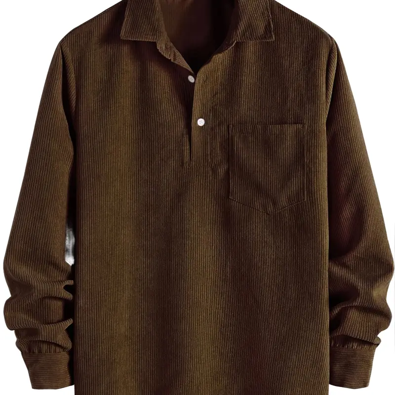 ZAFUL Men's Corduroy Shirts Solid Color Fall Half Button Long Sleeves Polo Shirt Casual Work Collared Shirt with Casual Outdoor Shirt Casual Style Shirt
