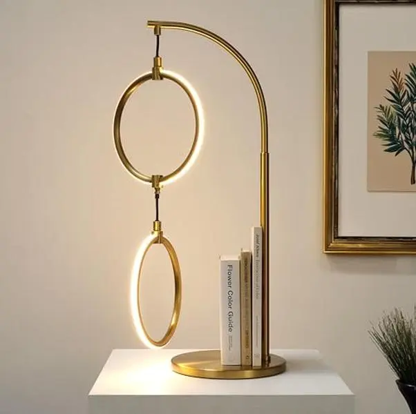 Brightech Nova Modern Table Lamp - Contemporary Arc Desk Lamp with 2-Circle Ring-Style Pendant - Alexa Compatible Nightstand Beside The Couch Lamp with Arching Pole Matches Living Room Décor