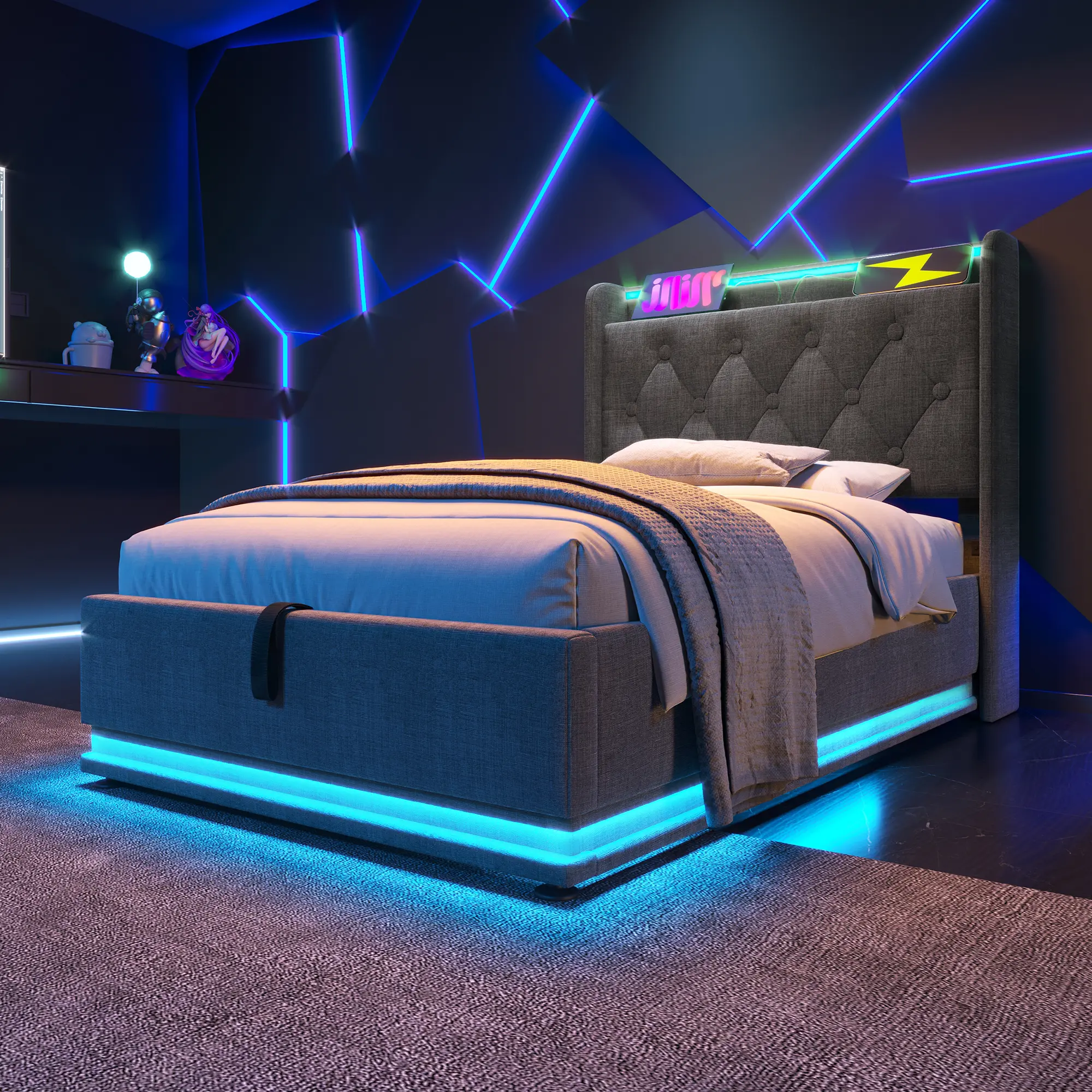 Twin Size Bed Frame with Storage and Charging Station, Linen Upholstered Twin Platform Bed with LED Lights & Wingback Headboard, Remote Control, Heavy Duty Wooden Slats, No Box Spring Needed, Gray