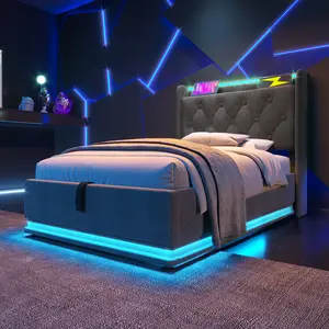 Twin Size Bed Frame with Storage and Charging Station, Linen Upholstered Twin Platform Bed with LED Lights & Wingback Headboard, Remote Control, Heavy Duty Wooden Slats, No Box Spring Needed, Gray