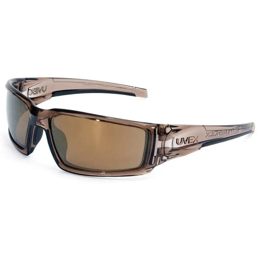 Uvex Hypershock Safety Gear Protective Goggles - Industrial, Sporty Wrap-Around Smoke Brown Frames, Gold Mirror Lenses with Peripheral Vision Support