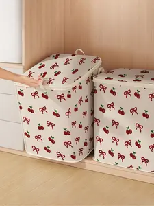 Large Capacity Storage Box with Bow Cherry Pattern Print, Foldable Fabric Bag for Blankets Quilts Clothes, Durable Home Gift