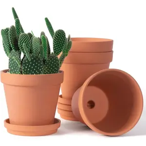 Terracotta Flower Pot with Drainage Hole and Saucer, 6-inch Ceramic Plant Pot, Indoor and Outdoor Plant Pot, Garden Supplies