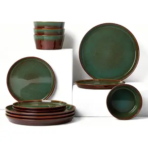 and Sets for 4, Dinnerware Sets, Dish Set, & Dishwasher Safe Dishware, Hand Glazed Dinner Set, Brown Green