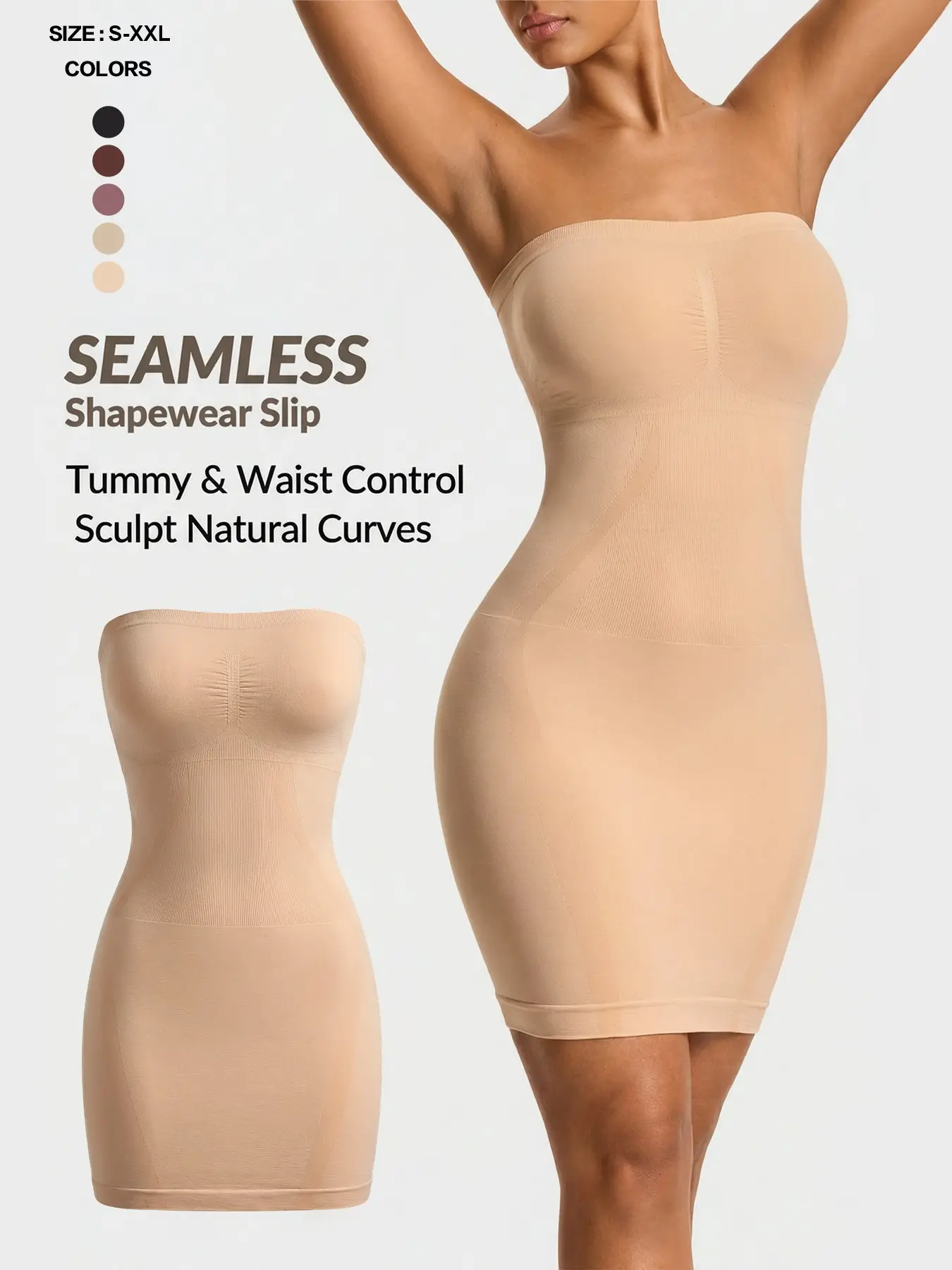 Seamless Shapewear Strapless Slip Dress Body Shaper Fit Smooth Bust& Butt Lifter Tummy Waist Thigh Control Womenswear Underwear Curve Hugging Compression Bridal Faja