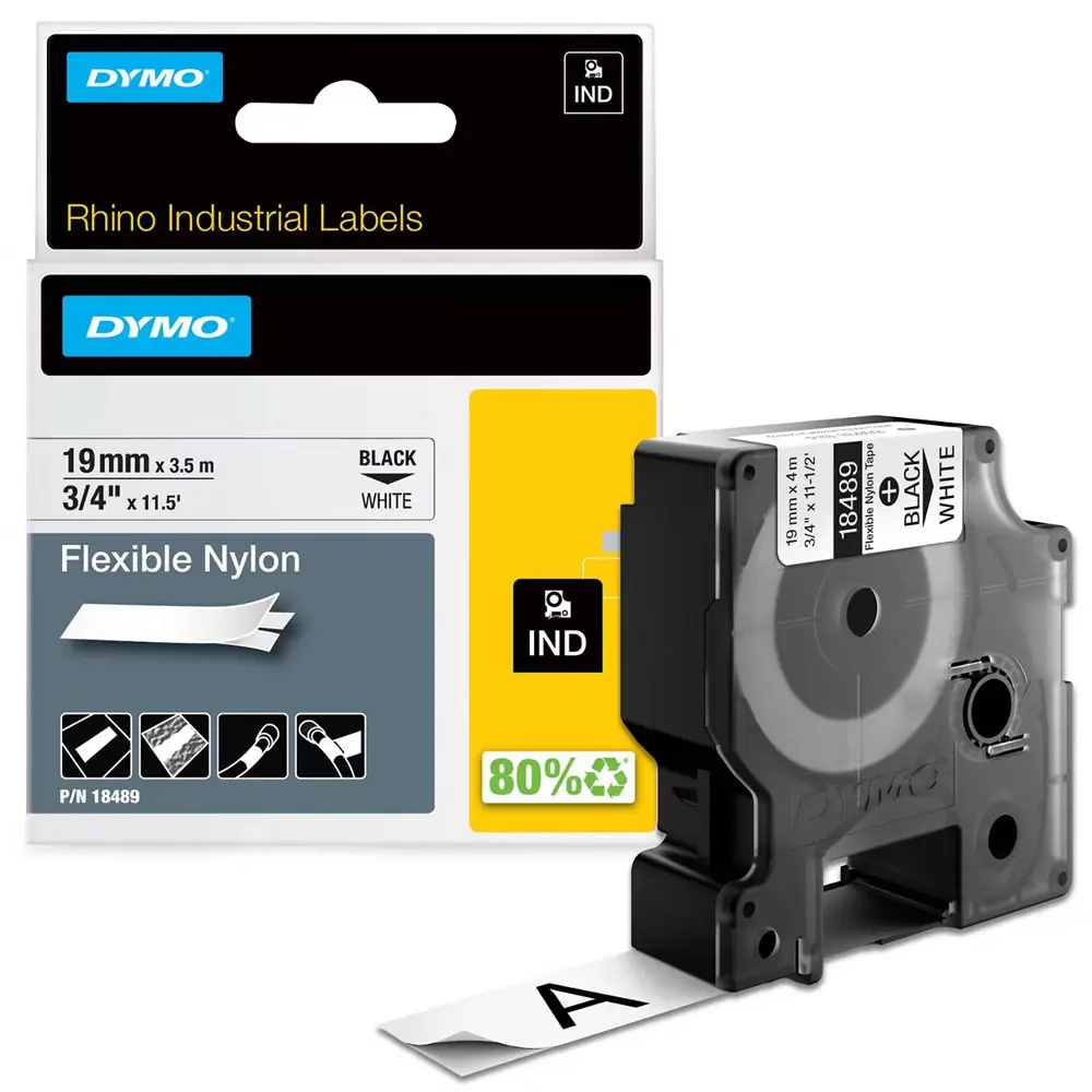 DYMO Industrial Flexible Nylon Labels - Black Text on White, 3/4"-19mm - Ideal for Industrial Users' Labeling Needs