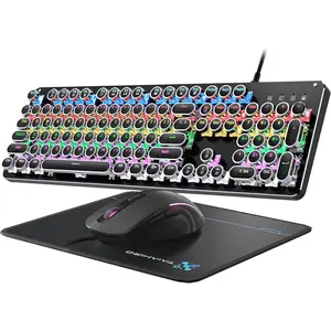 Typewriter Mechanical Gaming Keyboard and , 104-Key Full Size Retro Keyboards Metal Panel Punk Round Keycap Clicky Blue  with RGB Backlit  and Pad Combo for PC Laptop  Gamer, Black