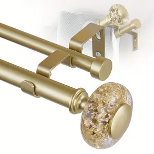 Double Curtain Rod for Windows 32-72 Inch: 1 Inch Adjustable Acrylic Curtain Rod Set with Translucent Gold Foil Top-Double Gold Decorative Curtain Rod with Bracket