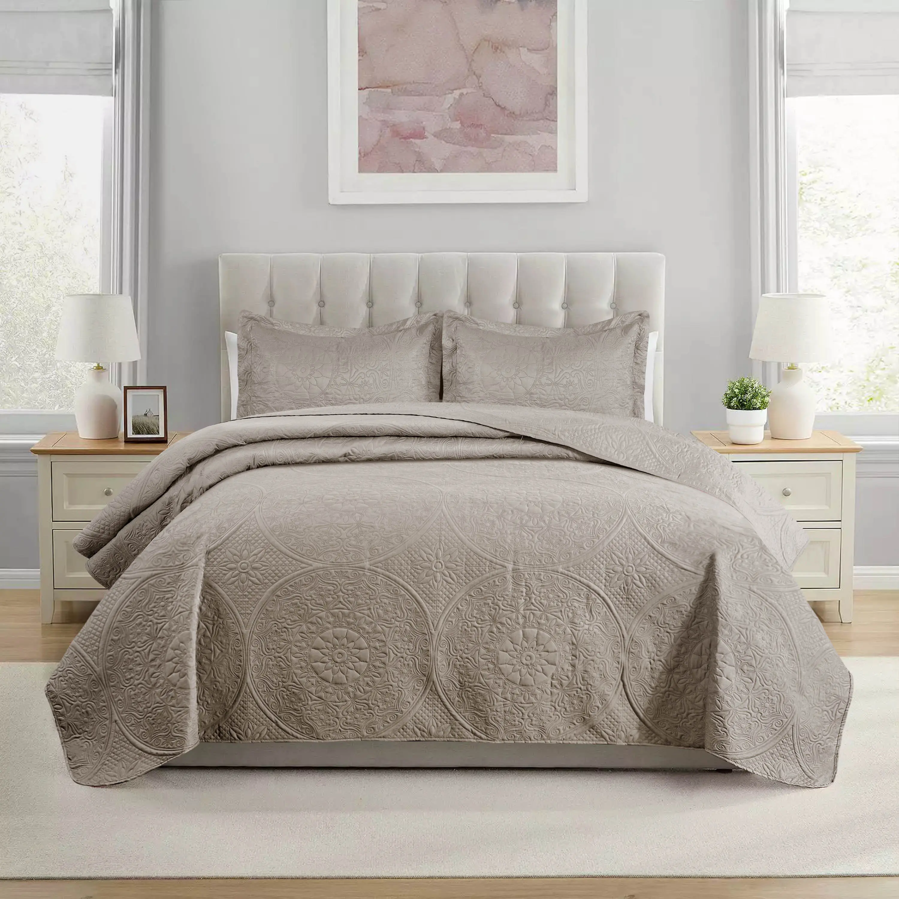 Luxury Floral Quilted Bedspread Set for Queen & King – Embossed Lightweight Coverlet & Pillow Shams – Soft, Durable All-Season Bedding for Farmhouse, Modern, Minimalist & Hotel-Style Bedrooms – Ideal Christmas Gift & Black Friday Holiday Sale