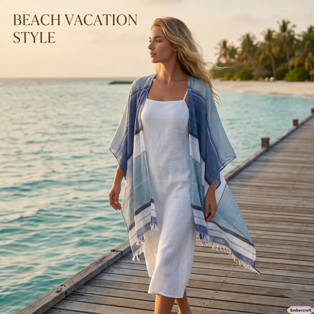 Women's Beach Poncho Shawl, Colored Casual Cotton Linen Cover-Up in Coastal Style, Lightweight and Breathable for Vacation Wear, Colored Fabric Shawls, Beach Poncho Shawls