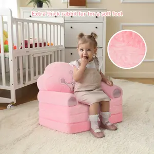 Soft Faux Rabbit Fur Pink Crown Foldable Kids Sofa Bed – Plush Princess Toddler Couch, Convertible Lounge Chair for Girls Room Decor