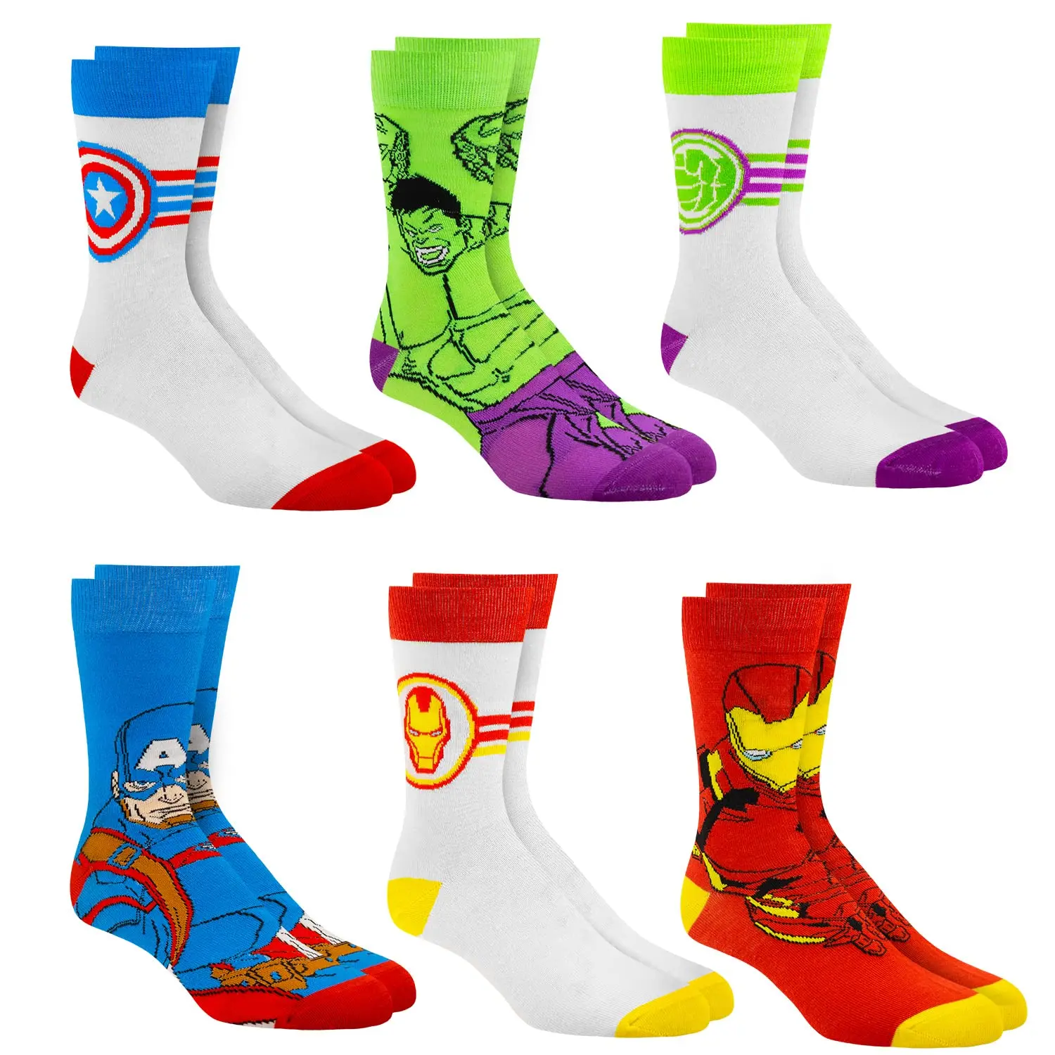 Marvel Legends Cotton Crew Socks - 6-Pack for Boys (Ages 4-18, S/M), Fantastic Designs, Avengers Superheroes, for Exercising & Lounging, Ideal for Holidays & Birthdays