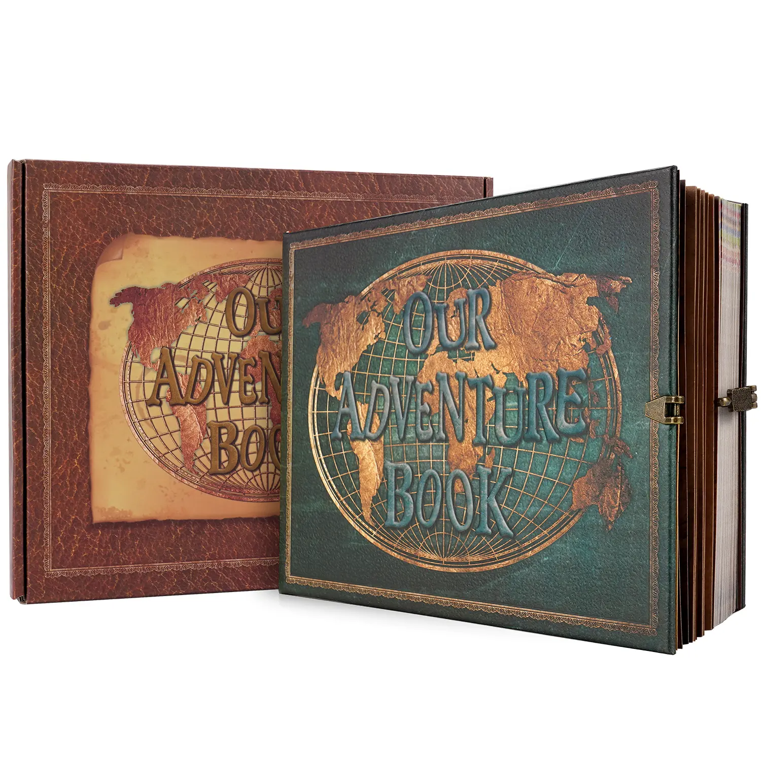 Our Adventure Book Green Vintage Embossed Cover Leather Scrapbook Photo Album - 180-Page Fade-Resistant Portable Travel Diary Planner, Gift Box with Kraft Paper, Includes Stickers to Craft, Anniversary Valentine's Day Gift