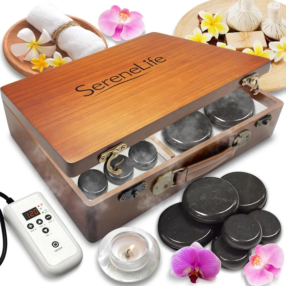 12-Piece Round Basalt Rock Hot Stone Massage Kit for Adults - Portable Electric Warming Case, Digital Controller, Body Care Machine, Massage Device for Home Spa Heat Therapy, Full Body Relaxing Relief, Wipe Clean