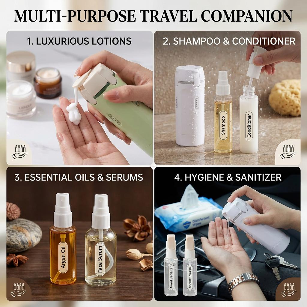 TSA Approved 4-in-1 Leak-Proof Refillable Travel Bottles, Cosmetic Toiletry Organizer with Label Stickers for Shampoo, Lotion, Compact Space-Saving Dispenser